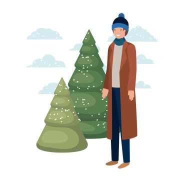 Genç adam kış giysileri ve kış çam avatar karakter