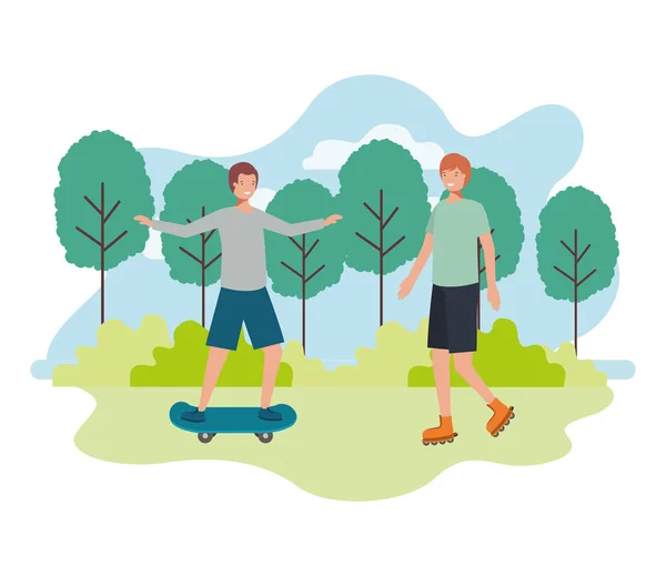 Hombres jóvenes practicando personajes deportivos — Vector de stock