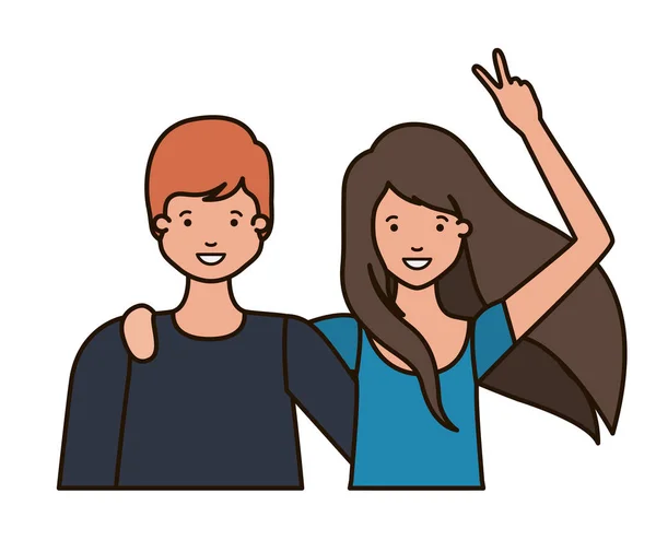 Jovem casal com mãos para cima avatar personagem — Vetor de Stock