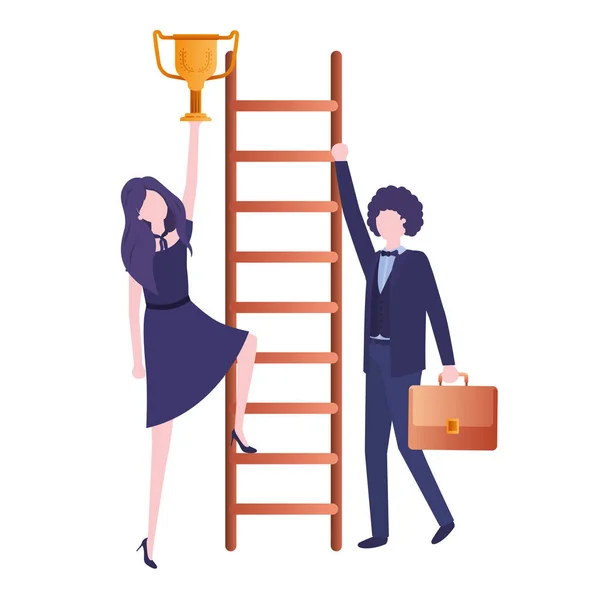 Pareja de negocios con carácter avatar escalera y trofeo — Vector de stock