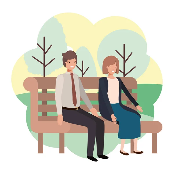 Pareja de negocios sentado en silla de parque con paisaje — Vector de stock