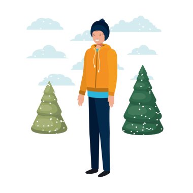 Genç adam kış giysileri ve kış çam avatar karakter