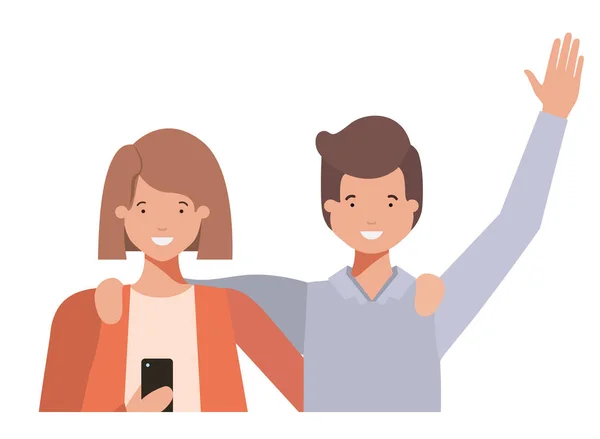 Couple with hands up and smartphone avatar character — Stock Vector