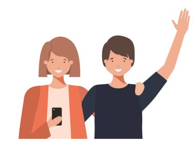 Eller yukarı ve akıllı telefon avatar karakteri ile çift