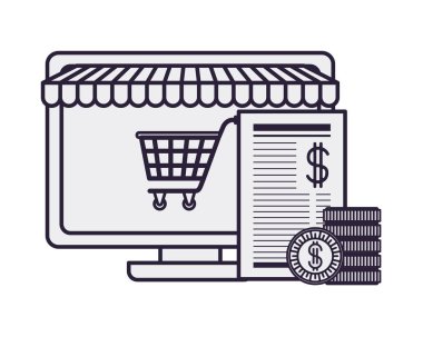 çadır ve alışveriş sepeti ile bilgisayar