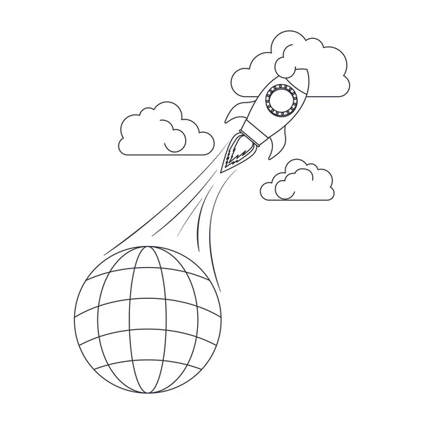 Globe med linjer och raket isolerad ikon — Stock vektor