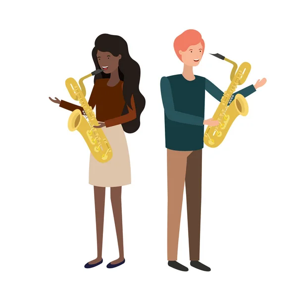 Casal com instrumentos musicais caráter avatar —  Vetores de Stock