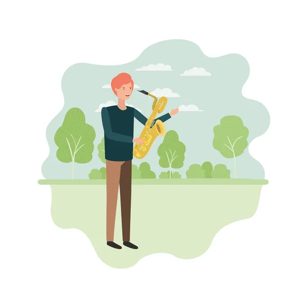 Hombre con saxofón en carácter avatar paisaje — Vector de stock