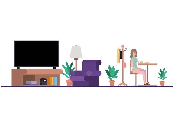 Γυναίκα πίνει καφέ στο σαλόνι και βλέπει τηλεόραση — Διανυσματικό Αρχείο