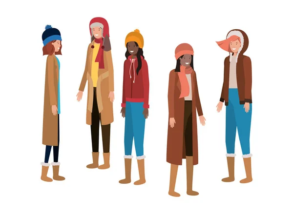 Mujeres con carácter avatar ropa de invierno — Vector de stock