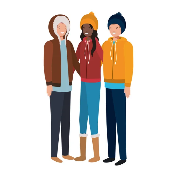 Groep mensen met winter kleding avatar karakter — Stockvector