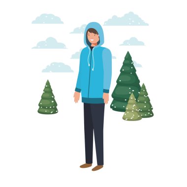 Genç adam kış giysileri ve kış çam avatar karakter