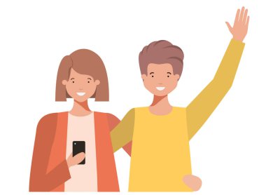Eller yukarı ve akıllı telefon avatar karakteri ile çift