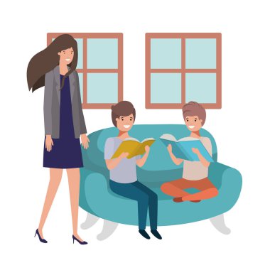 Anne ve oğulları kanepede oturan avatar karakter