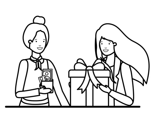 Frauen mit Portemonnaie und Geschenkbox Avatar-Charakter — Stockvektor