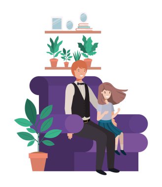 Baba ve kızı kanepe avatar karakter oturan