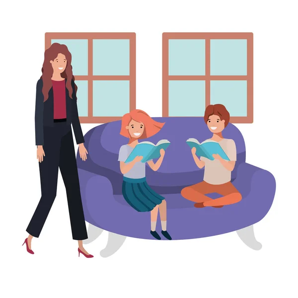 Anya és gyermek ül a kanapén avatar karakter — Stock Vector