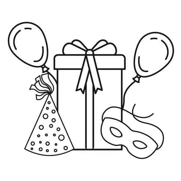 礼品盒与帽子党和气球隔离图标 — 图库矢量图片