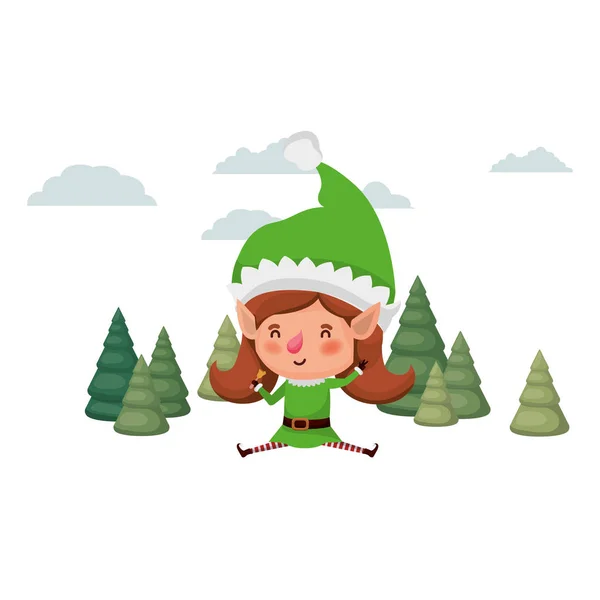 Elfe femme se déplaçant avec des arbres de Noël avatar caractère — Image vectorielle