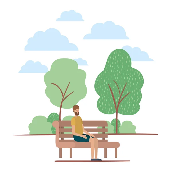 Joven con barba sentado en silla en el parque — Vector de stock