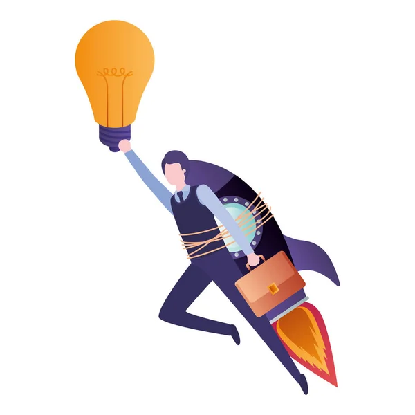 Businessman on rocket and light bulb — Stock Vector