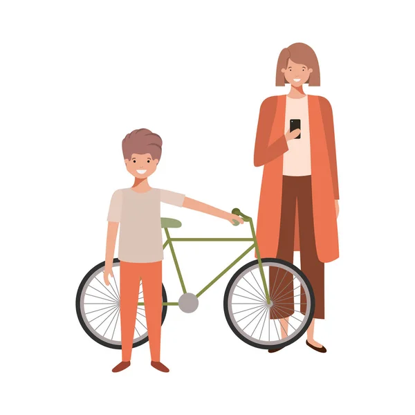 Mother and son with bicycle avatar character — Stock Vector