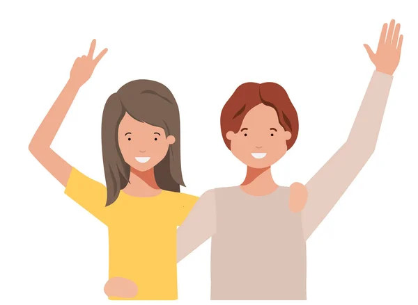 Young couple with hands up avatar character — Stock Vector