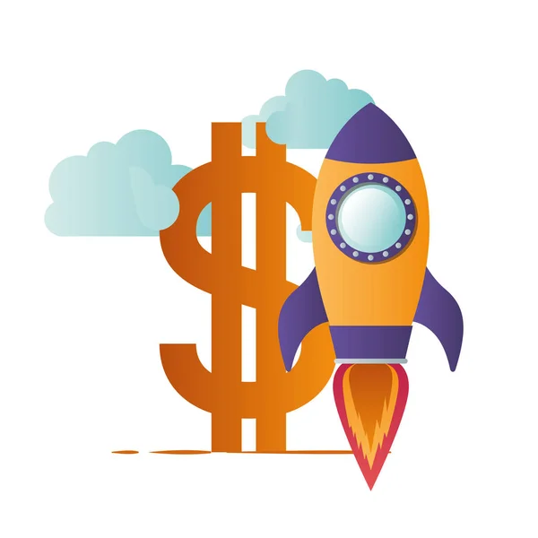 Símbolo de dólar con cohete aislado icono — Vector de stock