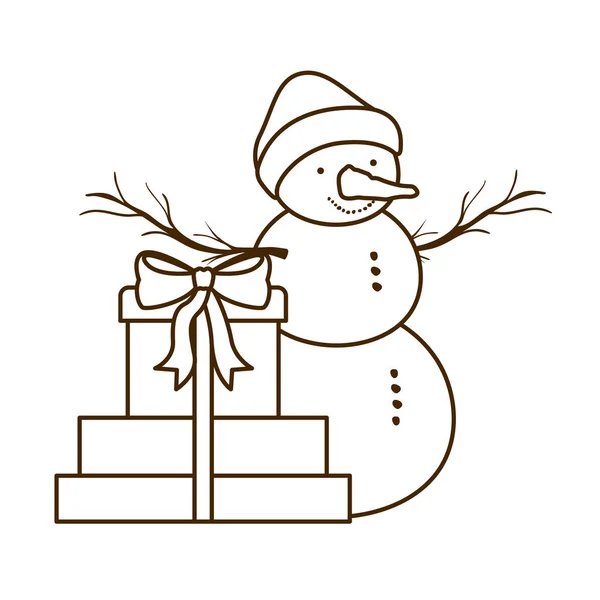 Boîtes cadeaux et bonhomme de neige icône isolée — Image vectorielle