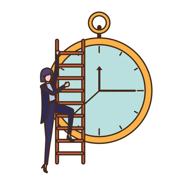 Mujer de negocios con carácter avatar escalera y reloj — Vector de stock