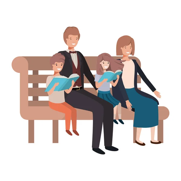 Padres pareja con niños sentados en la silla del parque — Vector de stock