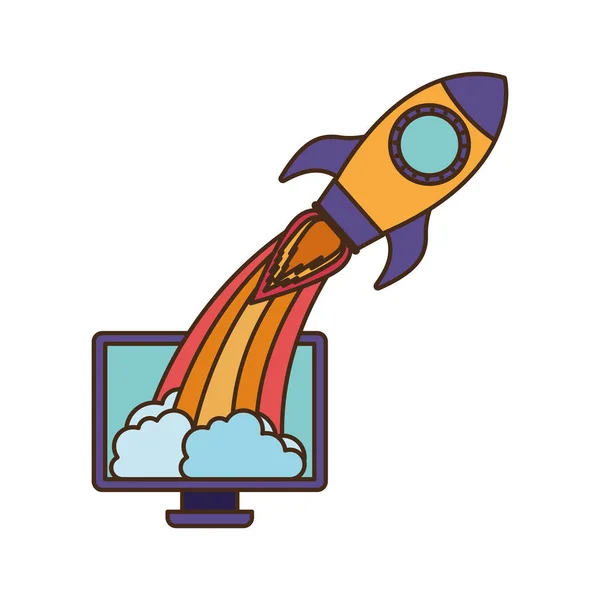 Computer screen with flying rocket isolated icon — Stock Vector