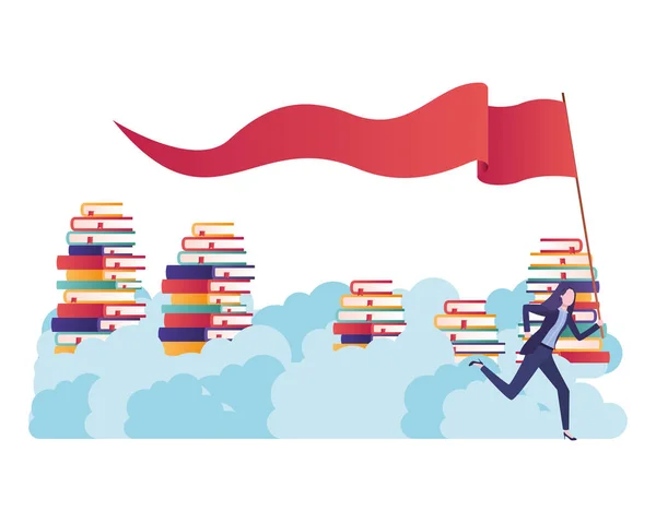 Επιχειρηματίας με στοίβα βιβλίων και σημαίας — Διανυσματικό Αρχείο