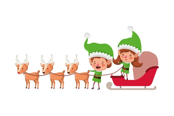 Elves couple with sleigh and reindeer sleigh avatar chatacter — Stock Vector