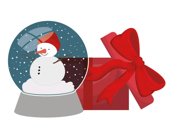 Kristallen bol met sneeuwpop en geschenk doos — Stockvector