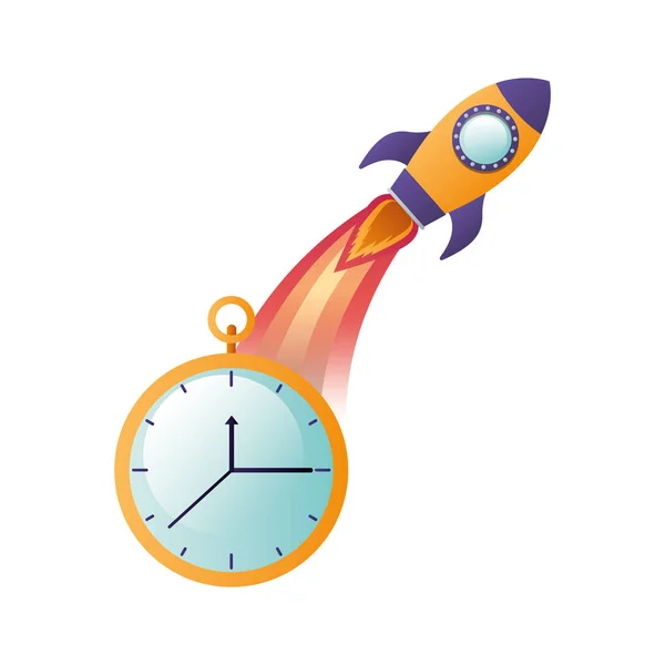 Clock with time and rocket isolated icon — Stock Vector