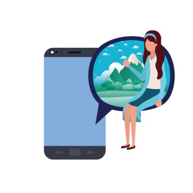 Genç kadın oturma avatar karakter ile cihaz ekranı