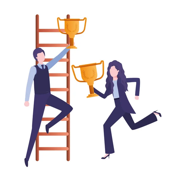 Business couple with stair and trophy avatar character — Stock Vector