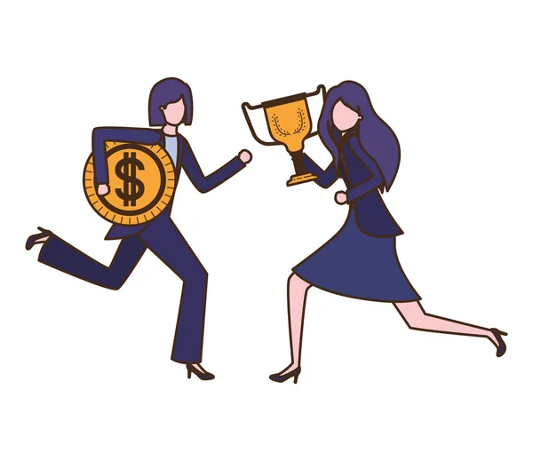 Mulheres de negócios com troféu e caráter moeda —  Vetores de Stock