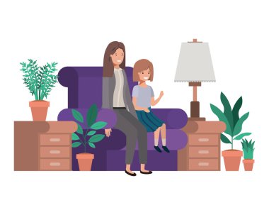 Anne ve kızı kanepe avatar karakter oturan