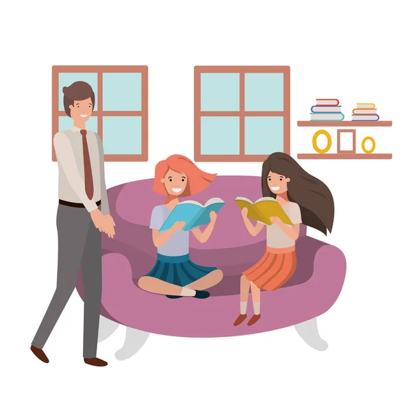 Ojciec i córki siedzi w kanapie avatar charakter — Wektor stockowy