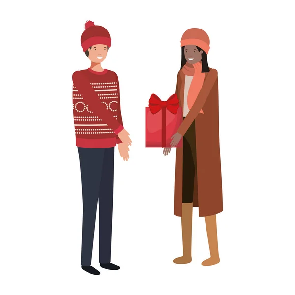 Молодая пара с персонажем коробки подарка аватар — стоковый вектор
