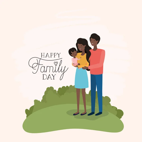 Tarjeta de día familiar con padres negros e hija en el campo — Vector de stock