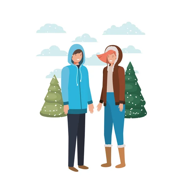 Kış giysileri ve kış çam avatar karakter ile çift — Stok Vektör