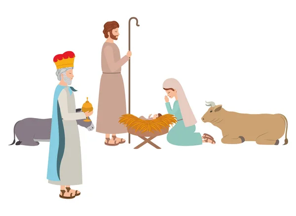 圣洁家庭与聪明的人和动物 — 图库矢量图片
