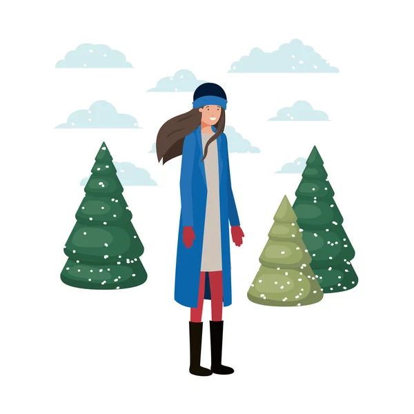 Giovane donna con vestiti invernali e carattere avatar pini invernali — Vettoriale Stock