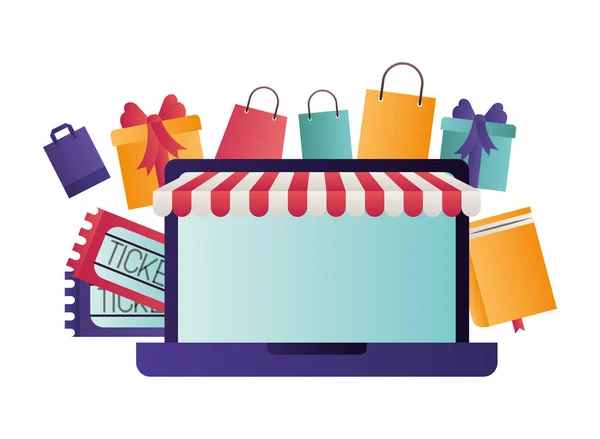 Portátil con tienda y bolsas de regalo — Vector de stock