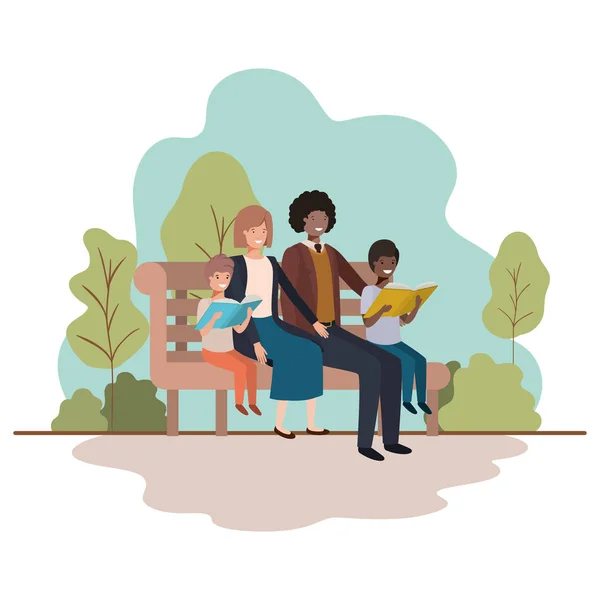 Rodiče dvojice s dětmi sedící na židli v parku — Stockový vektor