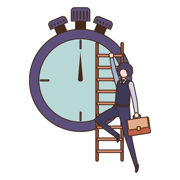 Hombre de negocios con carácter avatar escalera y reloj — Vector de stock