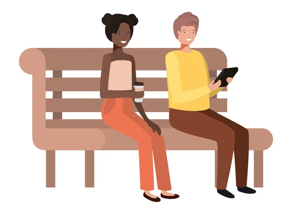 Giovane coppia con smartphone in sedia di legno — Vettoriale Stock